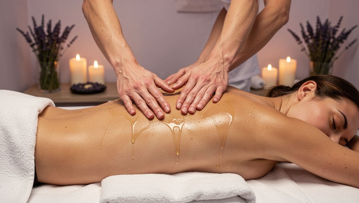Serene spa scene with a client lying face down on a massage table receiving gentle Swedish strokes on the upper back from one pair of therapist hands, enhanced by warm oils, soft candlelight, and lavender ambiance.