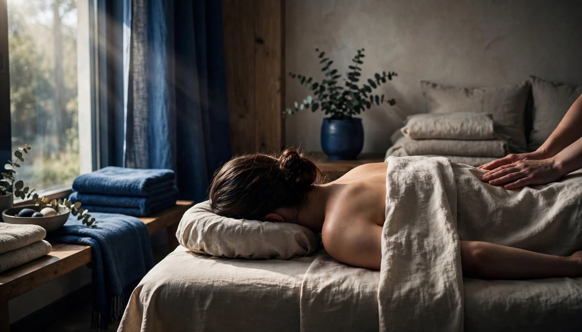 Swedish Massage 3 An adult client relaxes under linens during a Swedish massage in a softly lit room.