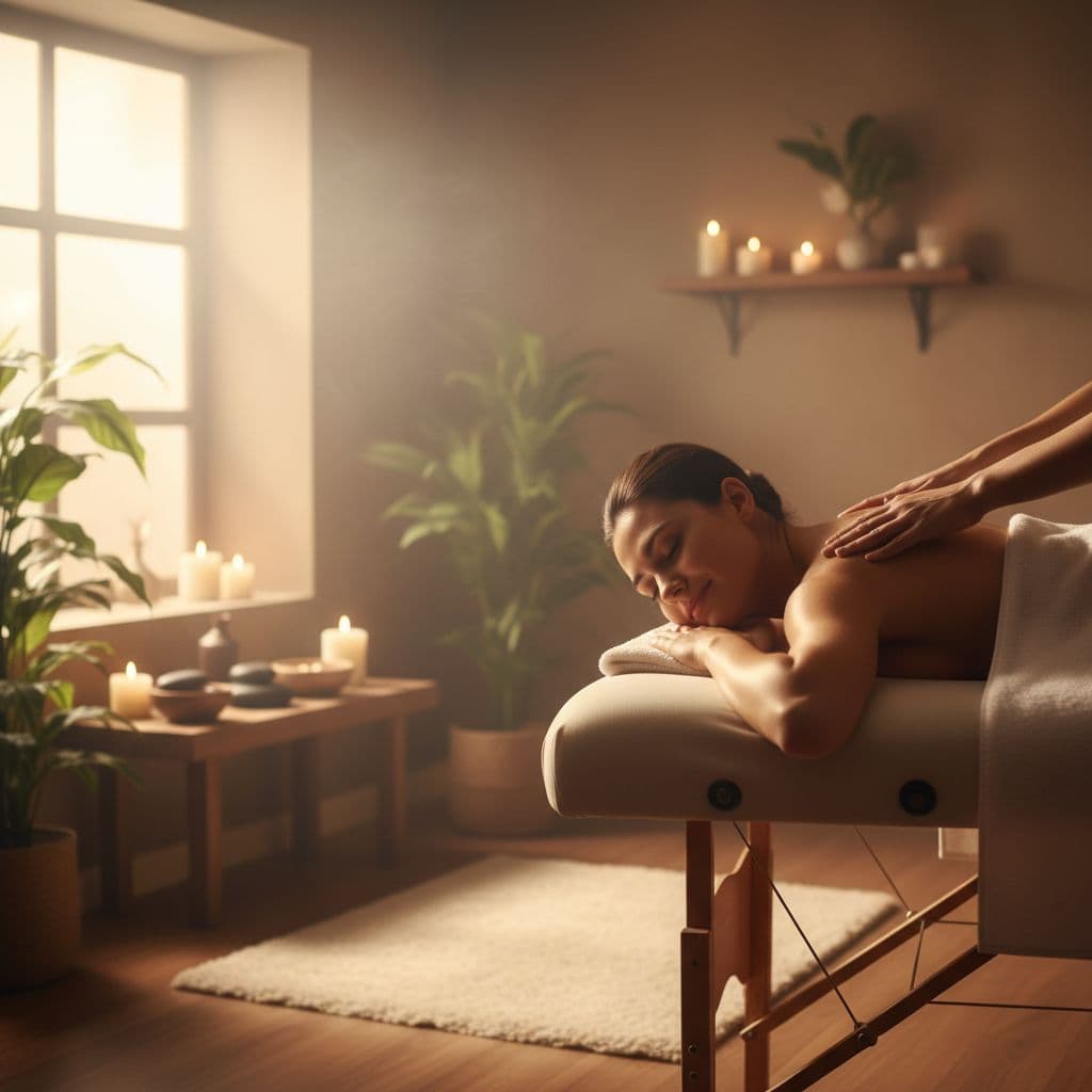 A person lies comfortably on a padded massage table in a dimly lit, tranquil spa room. Warm amber lighting illuminates the textured towels and serene wooden interior, creating a peaceful atmosphere.
