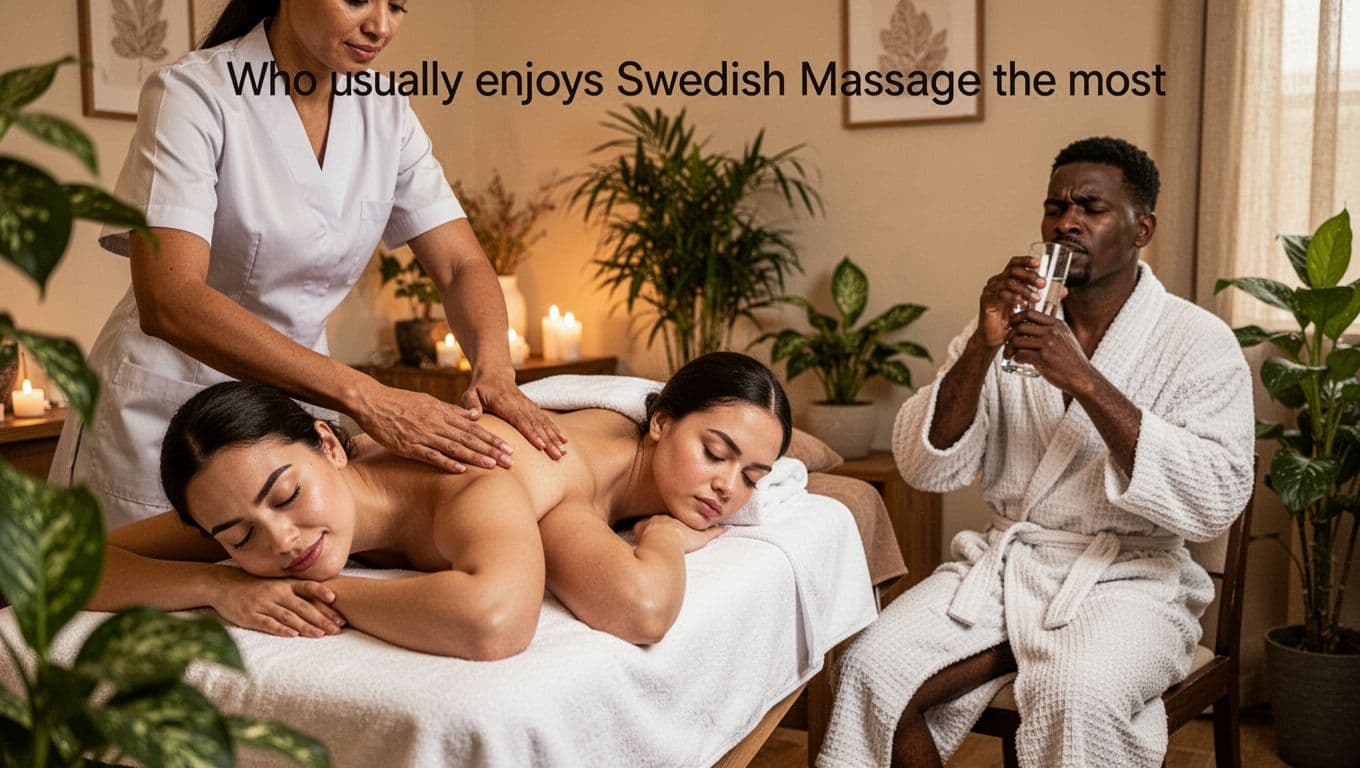 Swedish Massage 9 A beginner woman lies face down on a massage table receiving gentle Swedish massage strokes on her upper back from a therapist, while a stressed office worker man in a robe sits nearby relaxed, sipping water in a serene Nairobi spa room with warm lighting and plants.