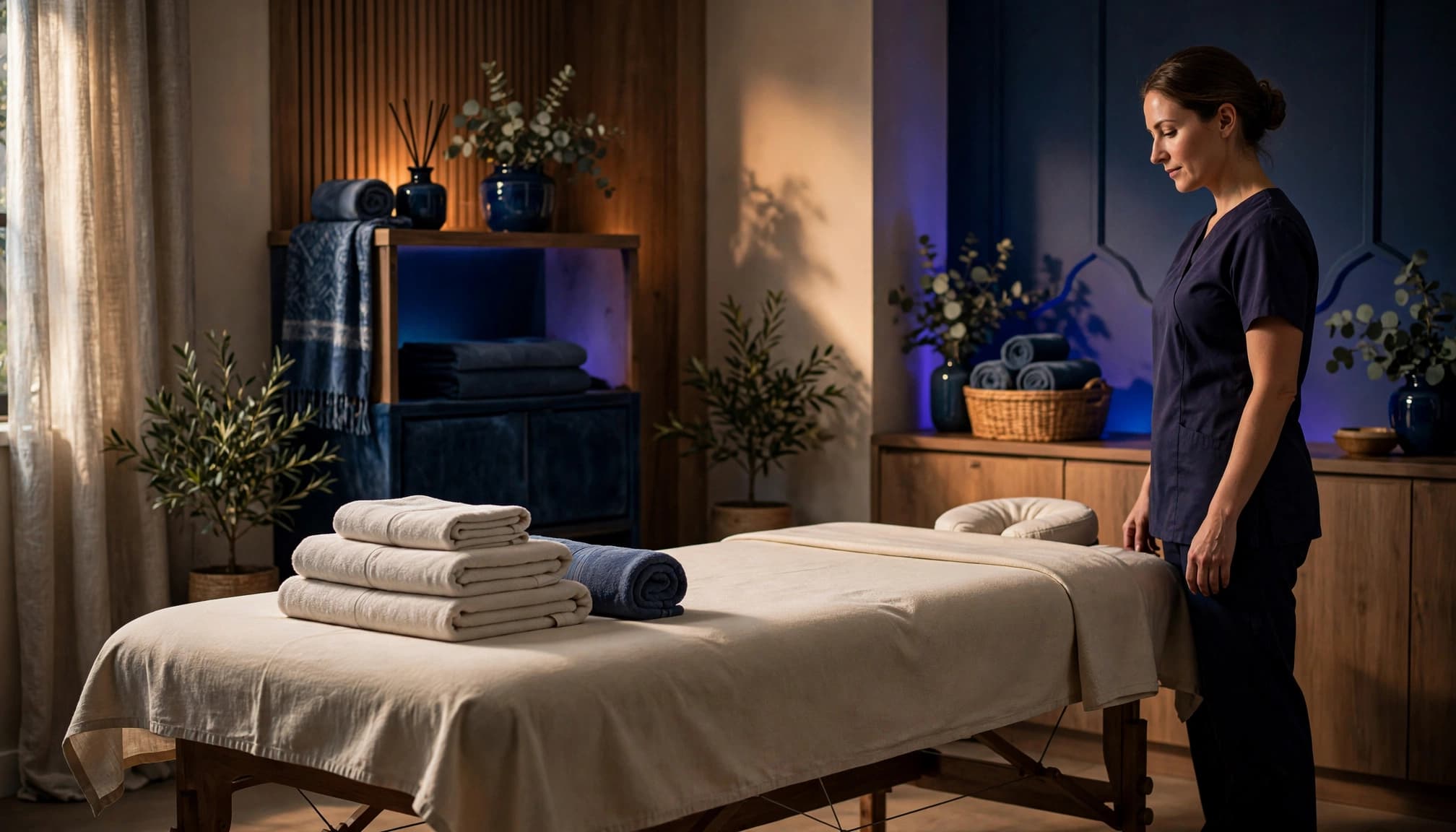 Swedish Massage 4 A massage therapist stands beside a neatly prepared table in a warm spa room.