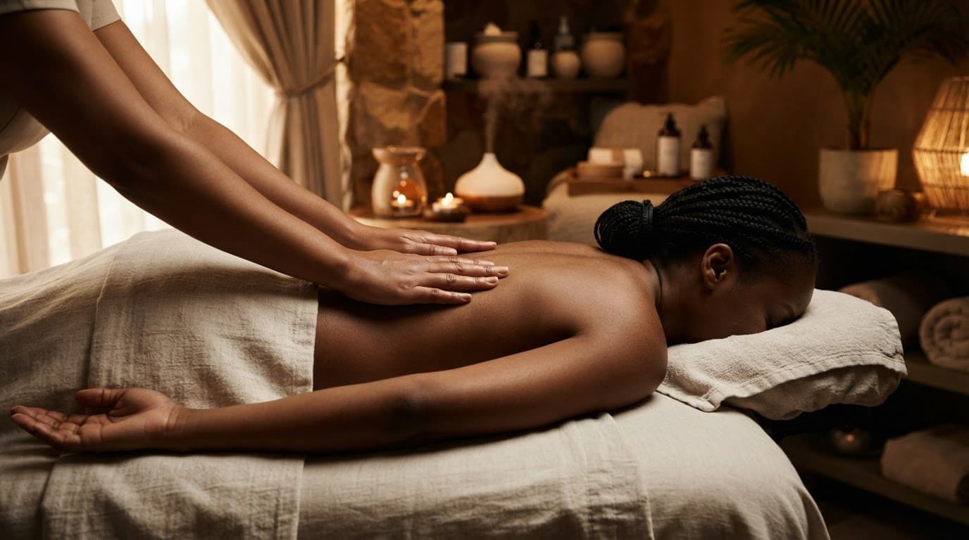 Client receiving a Swedish massage on a warmly lit spa table.