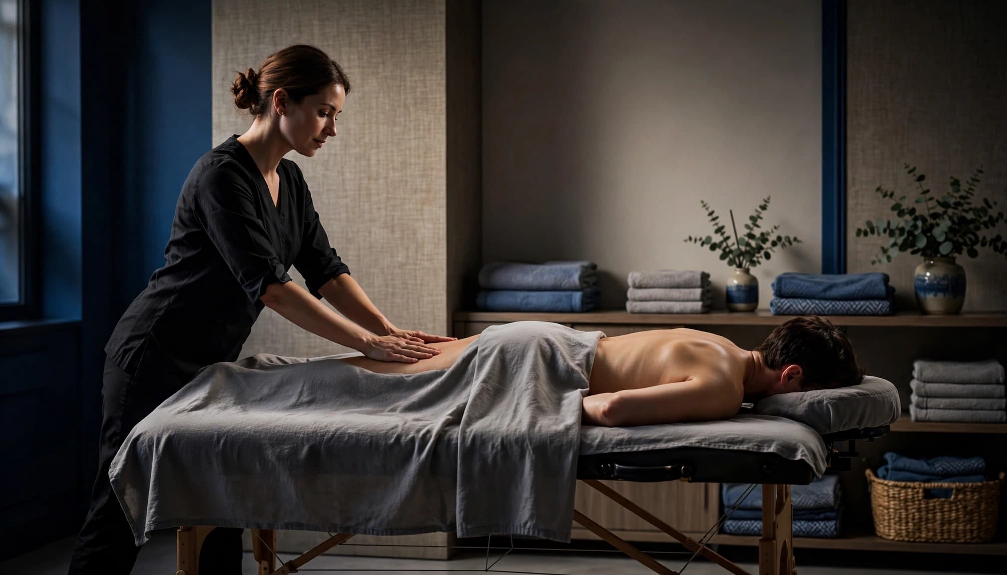 Swedish Massage 2 Therapist performing a Swedish massage on a client in a softly lit spa room.