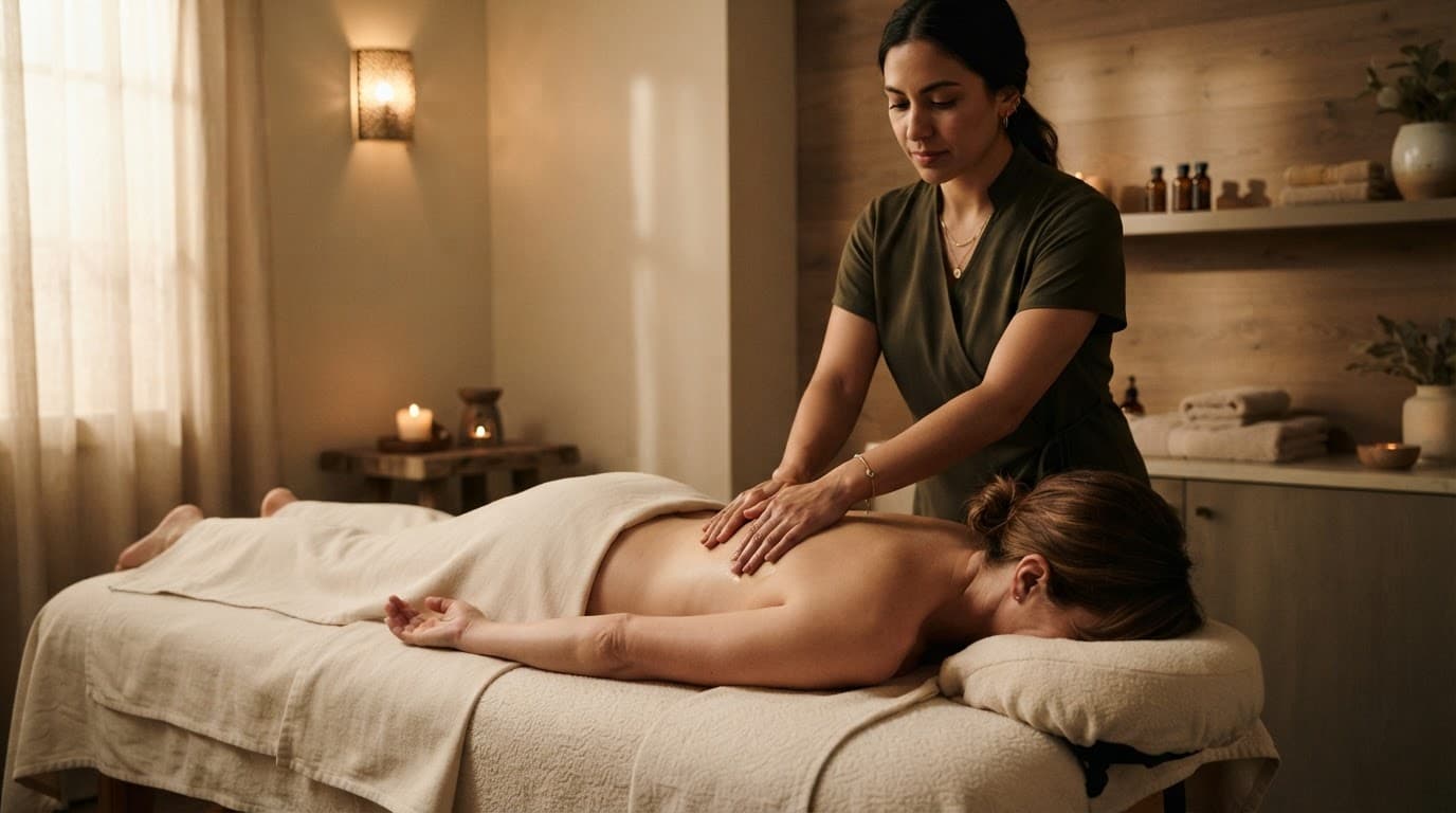 Therapist giving a gentle back massage in a softly lit spa room.