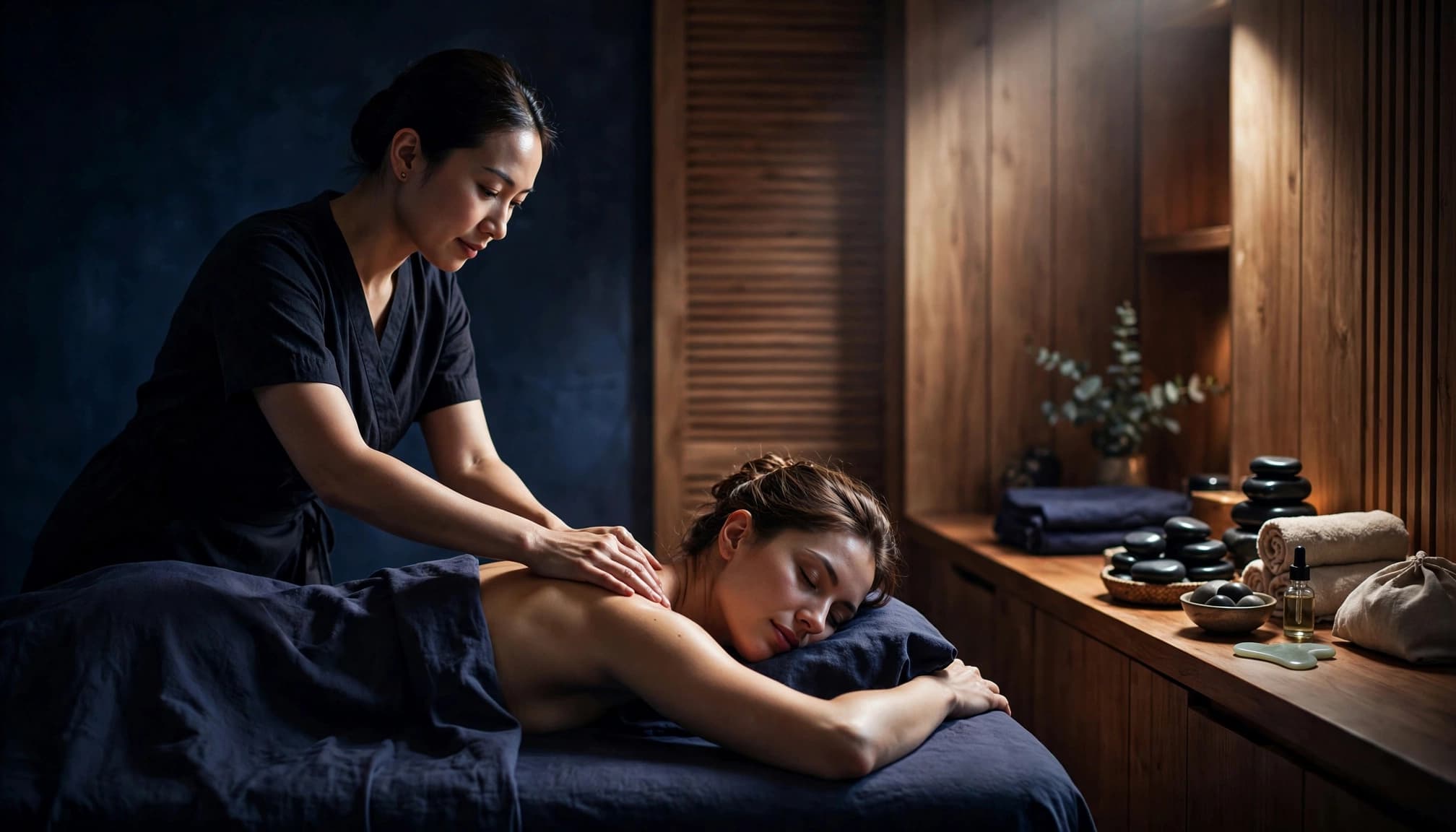 A therapist gives a client a gentle shoulder massage in a softly lit spa room.
