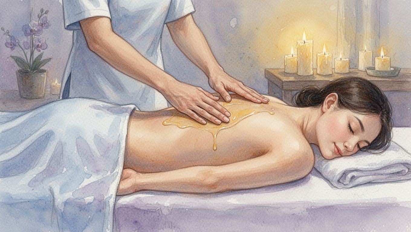 Client lies face down on a massage table under modest sheet draping as therapist applies gentle oil strokes to upper back in serene candlelit spa. Watercolor style with soft pastel blends focusing on hands and back.