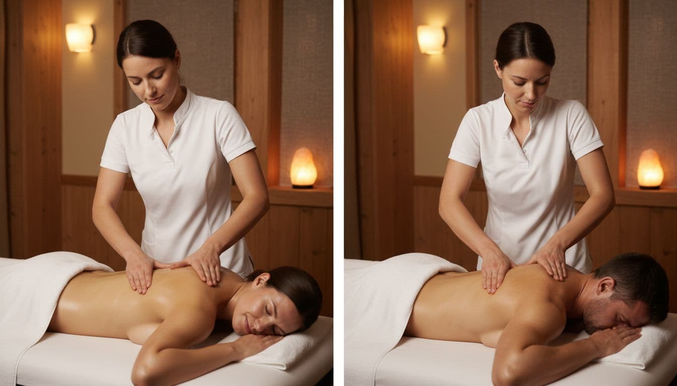 Split image contrasting gentle Swedish massage with long gliding strokes and kneading on a relaxed client's oiled back (left) and deep tissue massage with forearm and elbow pressure on tight knots (right), both in identical cozy spa rooms.