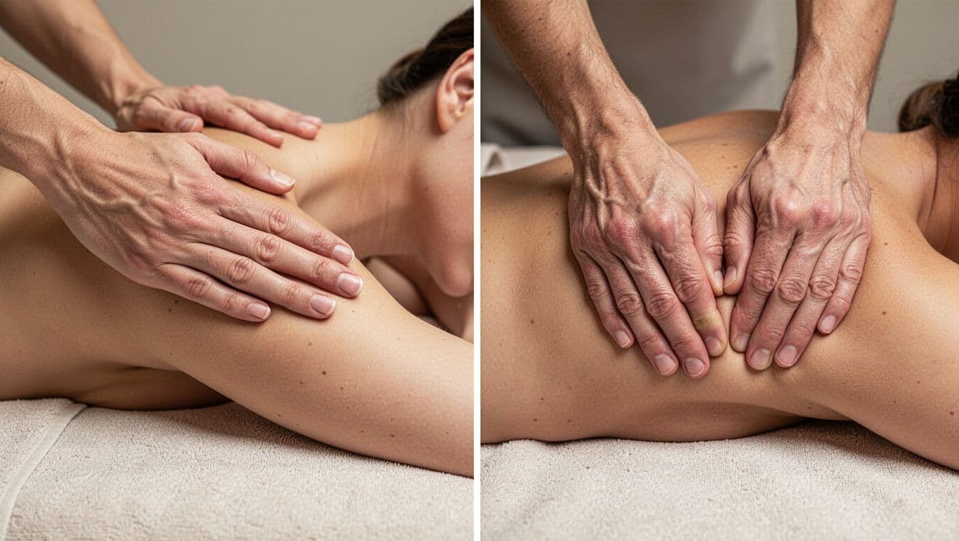 Split-view comparison showing gentle Swedish massage with light gliding strokes on shoulder muscles on the left, versus intense deep tissue massage with thumbs pressing into a back knot on the right, in a neutral spa setting.