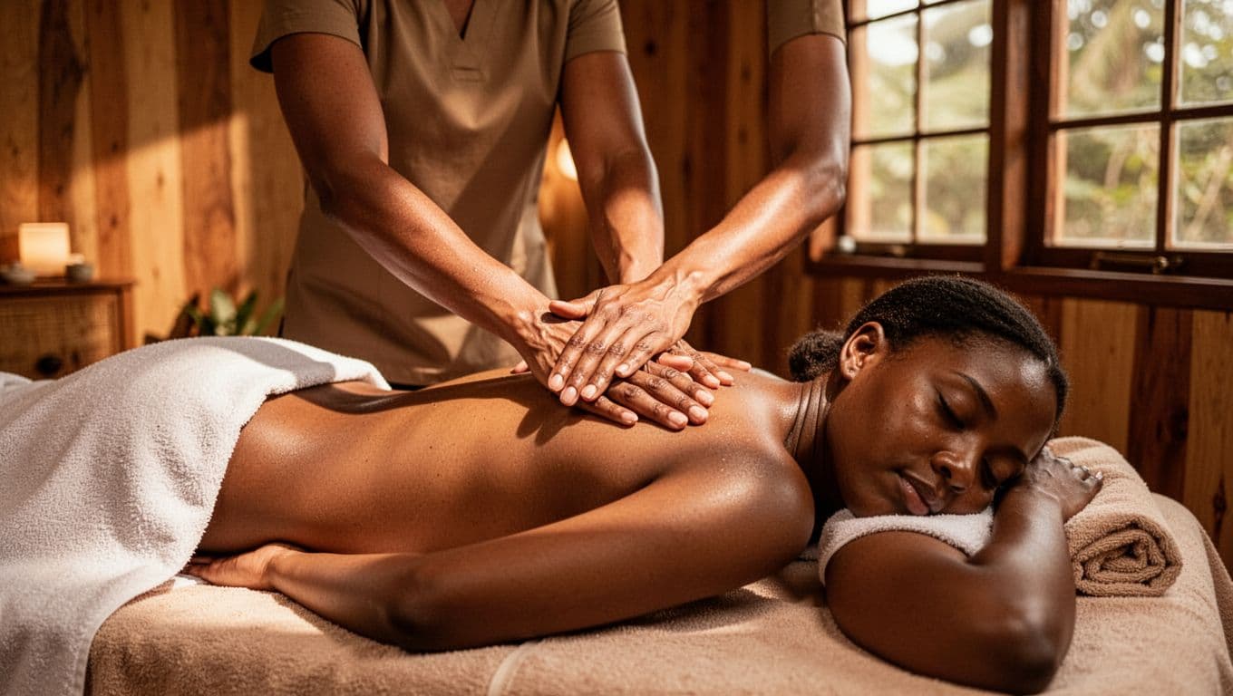 A therapist provides gentle Swedish long strokes and kneading to the back and shoulders of a relaxed prone client on a massage table in a serene Nairobi spa with natural light and warm wooden decor.
