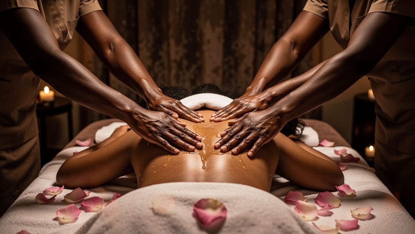 Two synchronized therapists perform a four hands massage on a single client lying on a spa table, their hands mirroring each other in rhythmic strokes using oils in a luxurious Nairobi couples spa room with dim lights and rose petals. The composition is centered on the four hands in motion over the client's back, captured in cinematic style with strong contrast, depth, dramatic lighting, and moody shadows.