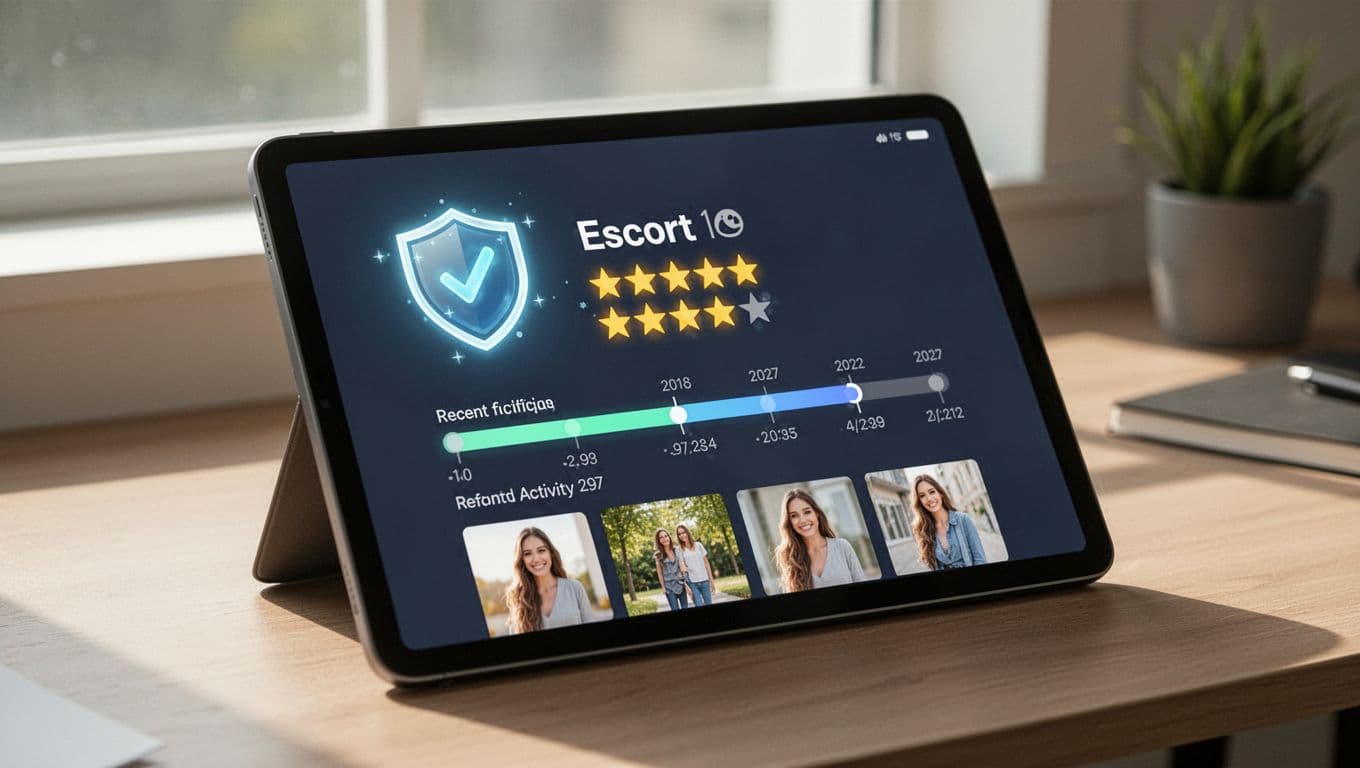 Angled tablet screen on a desk with natural daylight displaying escort profile elements like glowing verification badge, star ratings, activity timeline, and photo thumbnails.