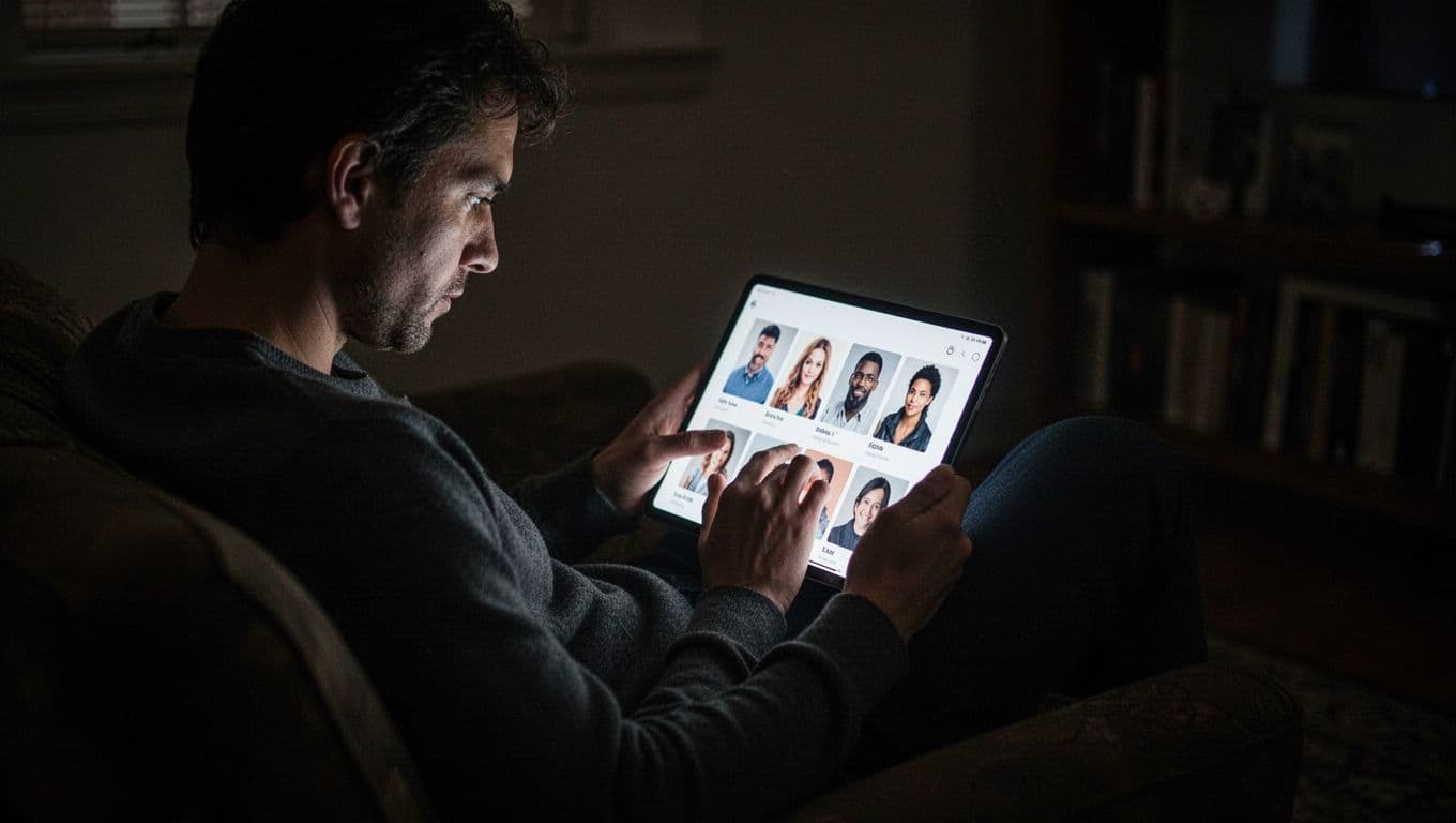 Person reviewing profiles on a glowing tablet in a dim room.