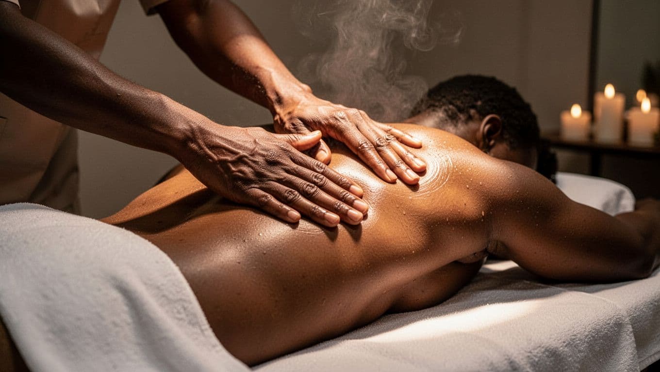 Therapist's hands applying friction circular rubs, tapotement tapping, and vibration on tight upper back and shoulder muscles in a modern Nairobi spa with dim lights.