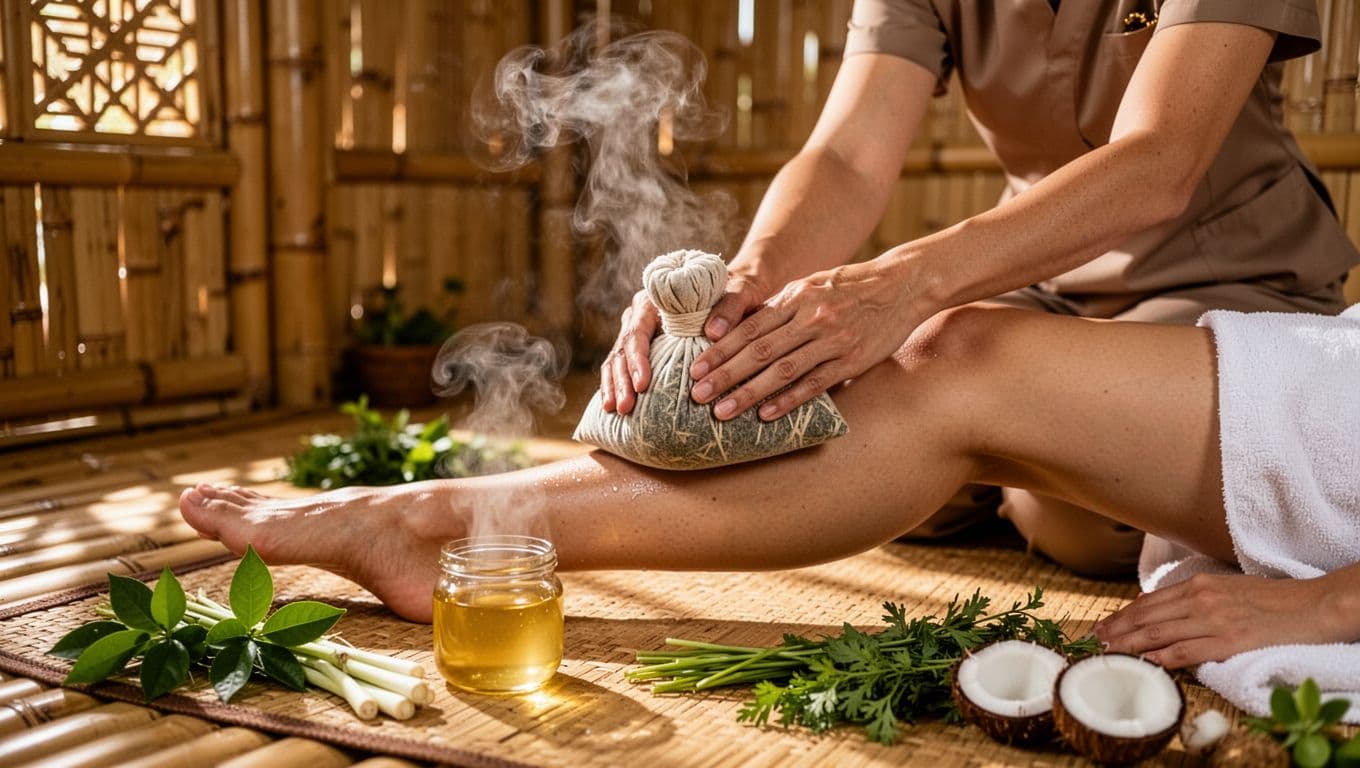 Thai therapist applying hot herbal compress and warm lemongrass coconut oil to a client's leg on a mat in a traditional bamboo hut spa, with steam rising and fresh herbs, photorealistic close-up on leg and hands.