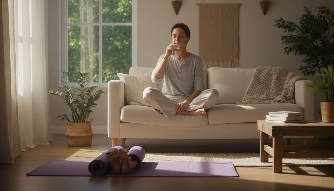 A single relaxed adult at home after Thai massage, seated comfortably drinking water from a clear glass near a yoga mat implying gentle self-stretch, in a cozy living room with bright natural daylight and warm soft lighting, evoking serenity and refreshment.