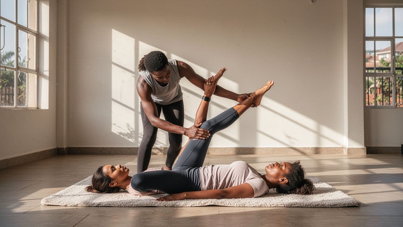 Flexible client on floor mat in airy studio receives assisted Thai stretch as therapist gently pulls leg into yoga-like pose with acupressure, boosting energized mobility in natural daylight.