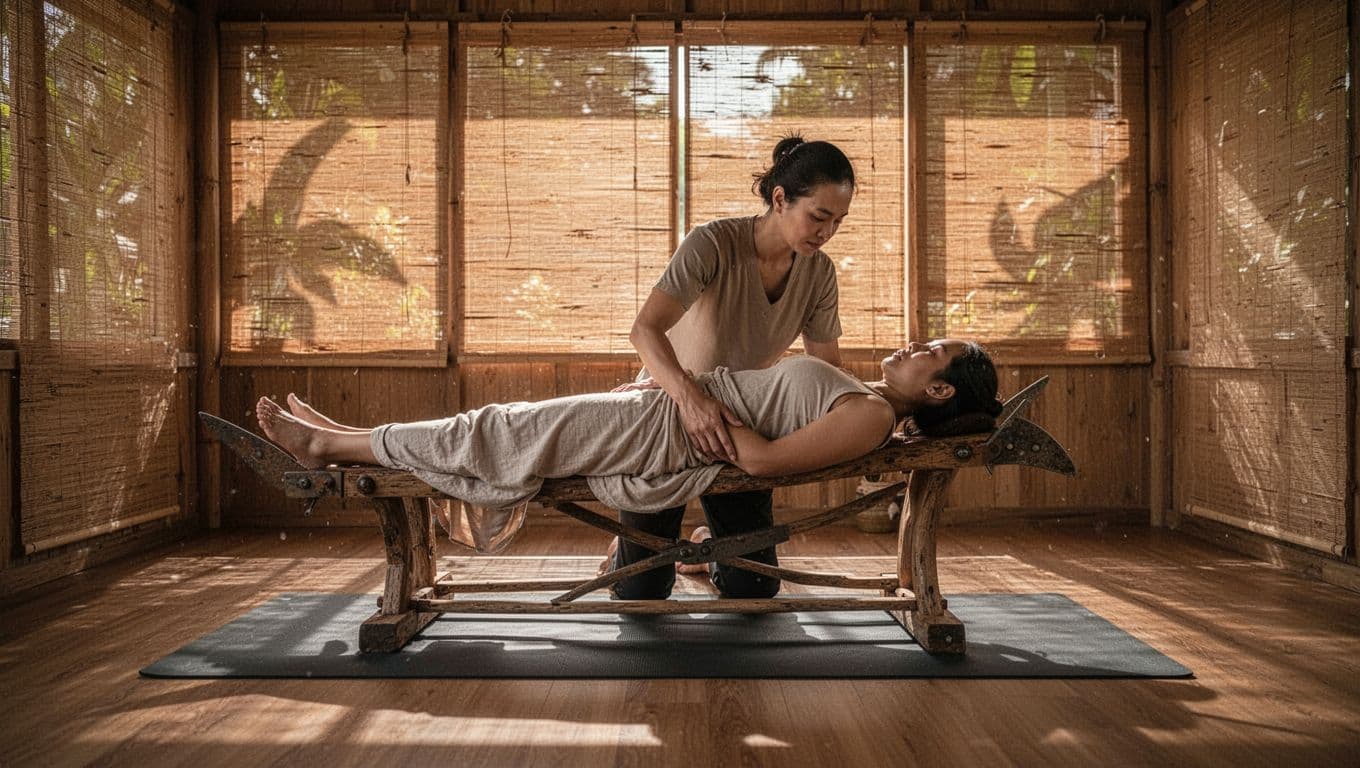 In a serene Thai massage studio bathed in soft natural light, a single therapist assists a clothed client into a yoga-inspired plow pose on a mat, gently rocking their legs overhead to emphasize the dynamic stretch with cinematic contrast and focused composition.