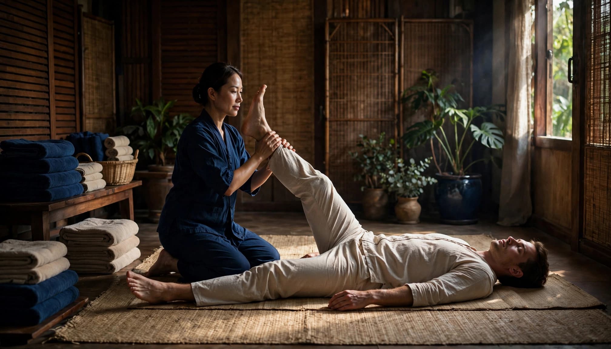 Thai Massage 2 Therapist guiding a client through a stretch on a floor mat.