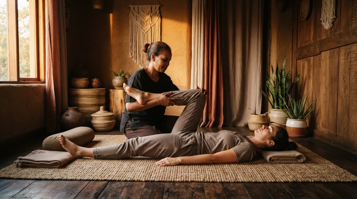 Therapist helping a client stretch on a woven mat in a warm spa room.