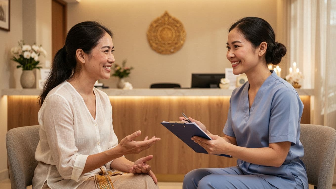Client and therapist smiling relaxed in serene spa room, discussing pressure and goals before Thai massage session with notepad in hand under soft warm lighting.