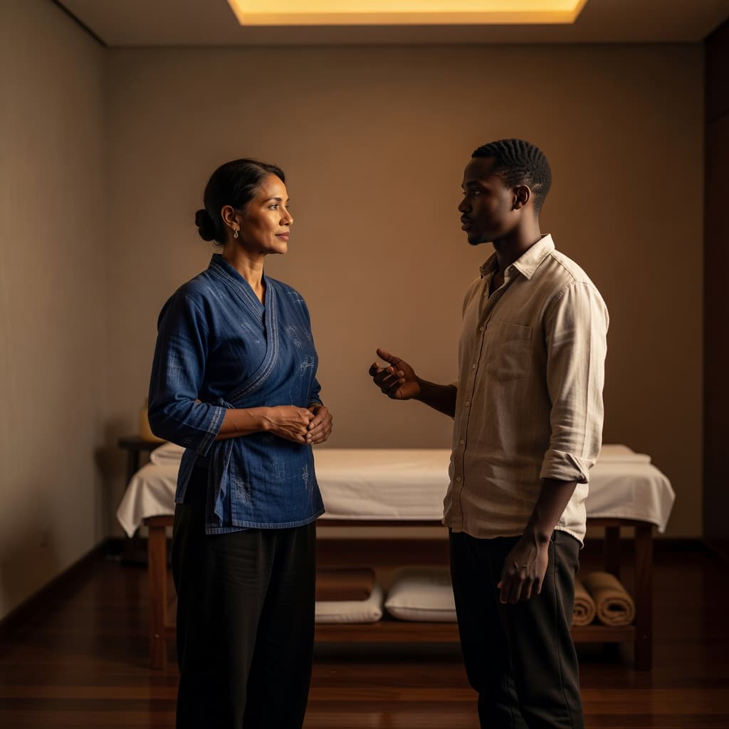 A professional massage therapist stands in a softly lit Nairobi studio, listening closely to a client. They discuss health needs surrounded by warm, cinematic shadows and a clean, tranquil atmosphere.