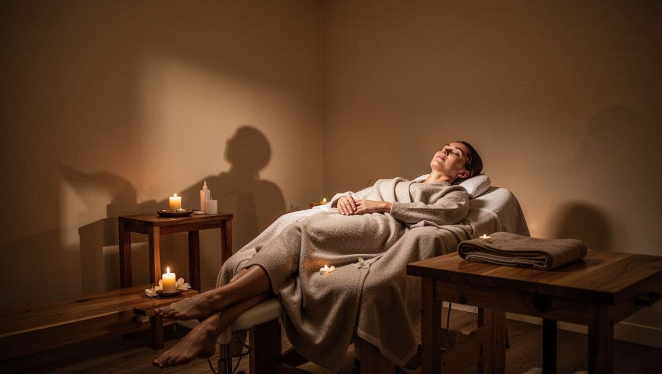 Warmly lit spa consultation room with soft lighting and a person in the background.