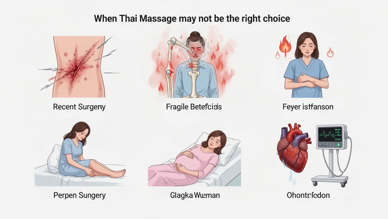 Subtle illustration featuring five isolated icons for Thai massage precautions: recent surgery scar, fragile bone, feverish person, pregnant woman resting, and heart monitor in clean medical style with neutral colors.