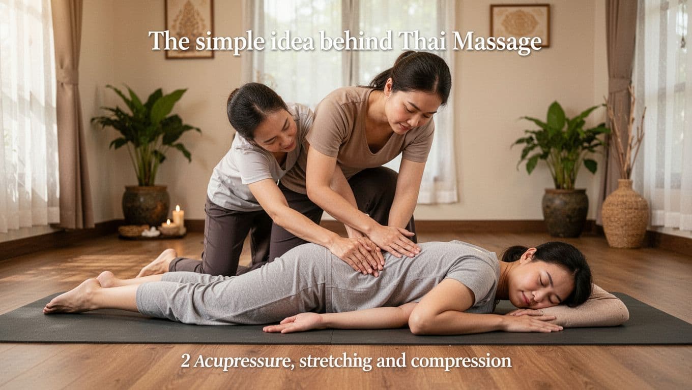 Thai massage therapist using hands, thumbs, elbows, knees, and body weight to apply rhythmic compression and assisted stretching to a fully clothed client on a padded mat in a serene spa room. Client relaxed in a gentle pose under natural soft lighting in a peaceful atmosphere.