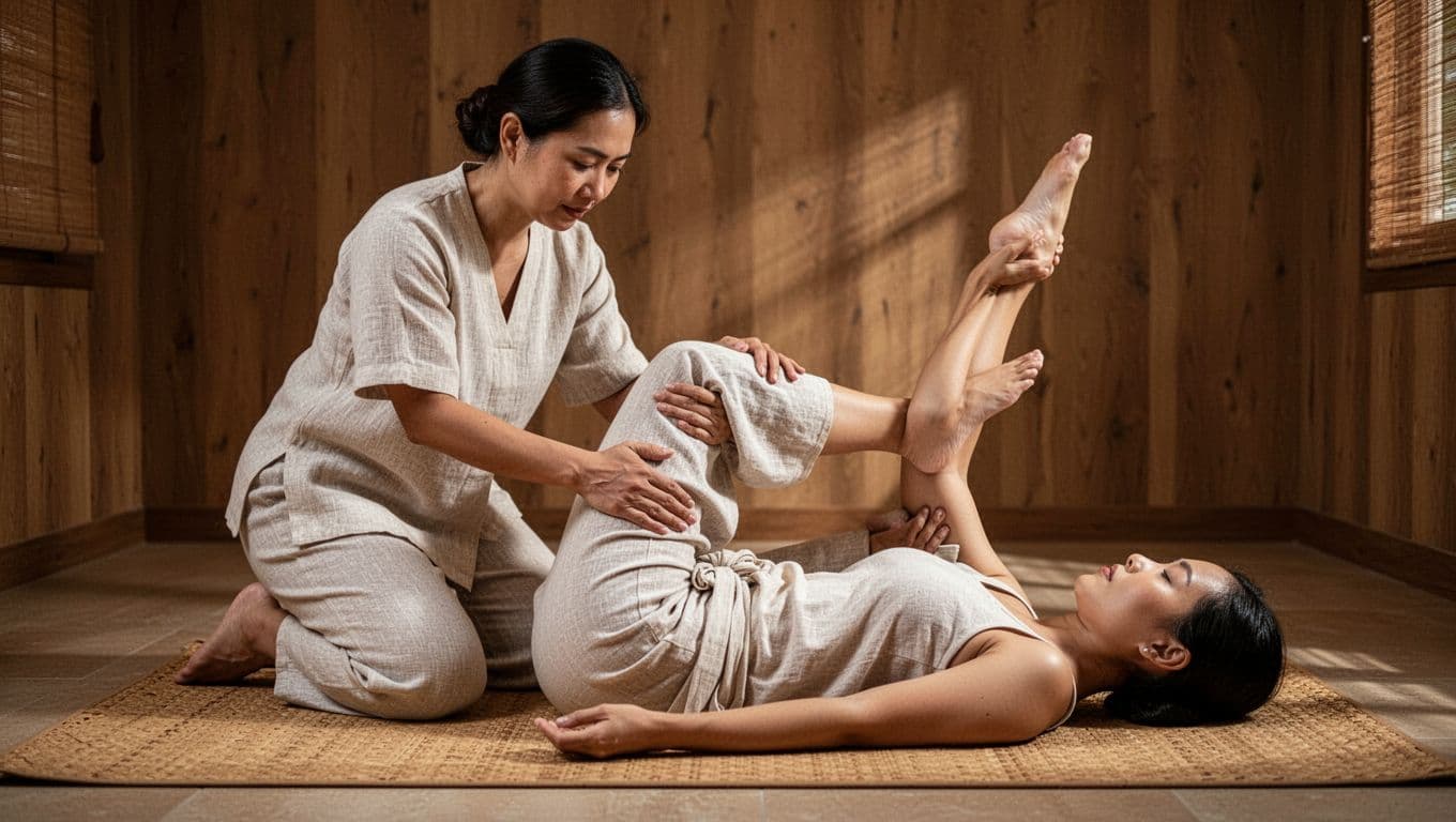 Thai massage therapist kneeling beside supine client on woven mat in serene spa, guiding raised leg into deep twist across body to open hips and core, soft lighting earthy tones.