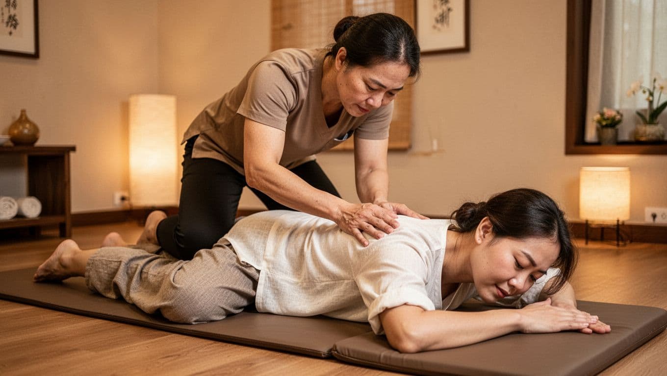 Thai massage therapist applying controlled deep pressure with elbows and knees on a fully clothed client's back during a gentle stretch in a peaceful spa room.