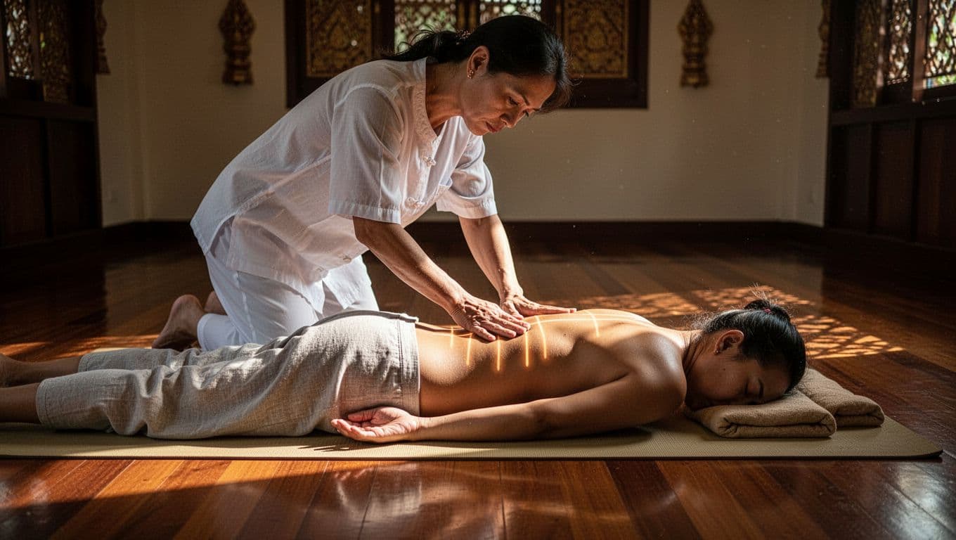 In a dimly lit traditional Thai massage room with warm ambient light and wooden floors, a therapist in loose white uniform kneels and applies deep thumb presses along a client's back sen lines on a mat. The client lies face down clothed, captured in strong contrast cinematic style with dramatic side lighting highlighting muscle tension release.
