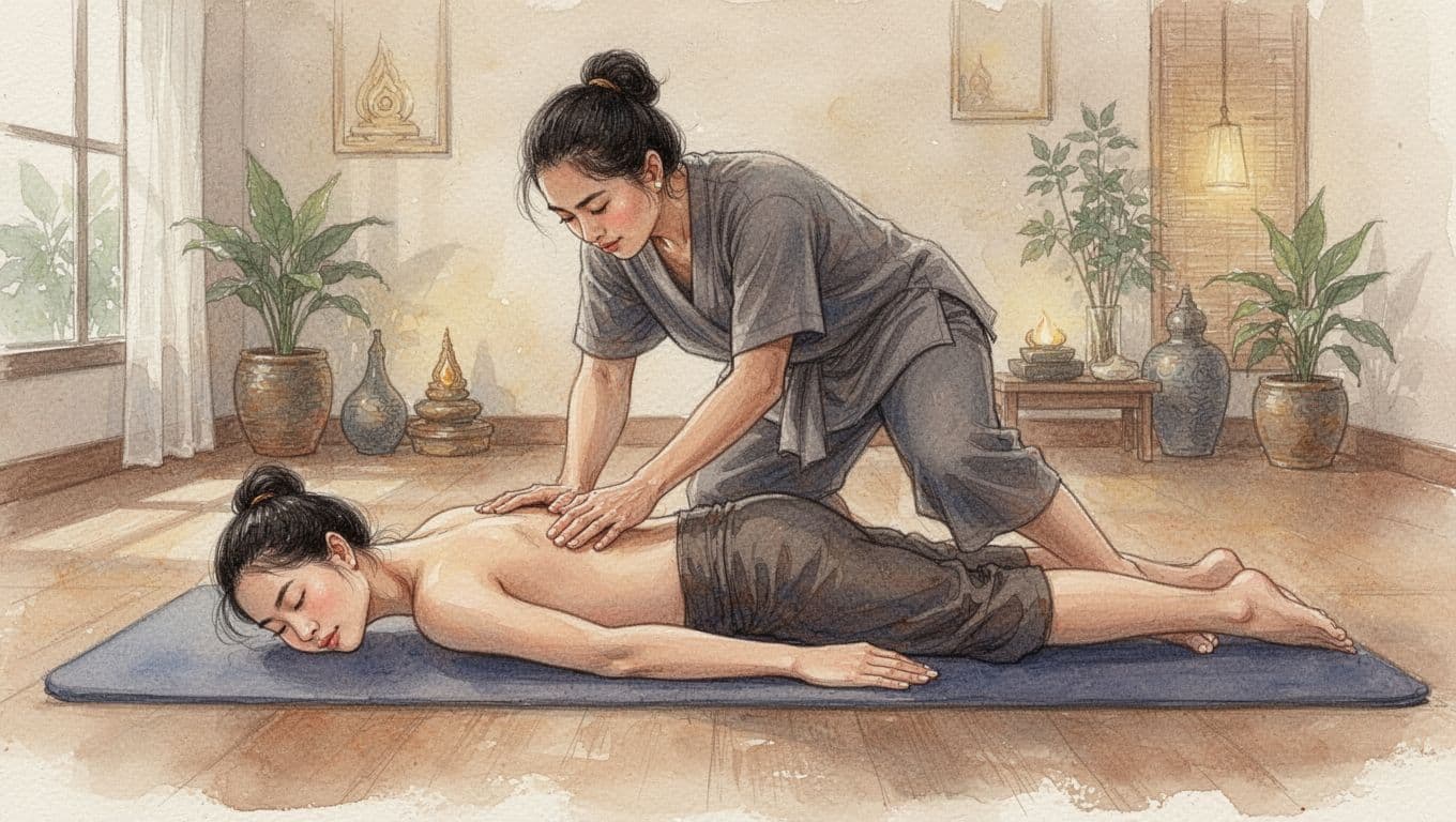 Thai massage therapist in loose clothing applies elbow pressure to client's back while guiding a gentle leg stretch on padded floor mat in serene spa room, client relaxed face down. Watercolor style with soft blending, warm earth tones, dynamic side angle.