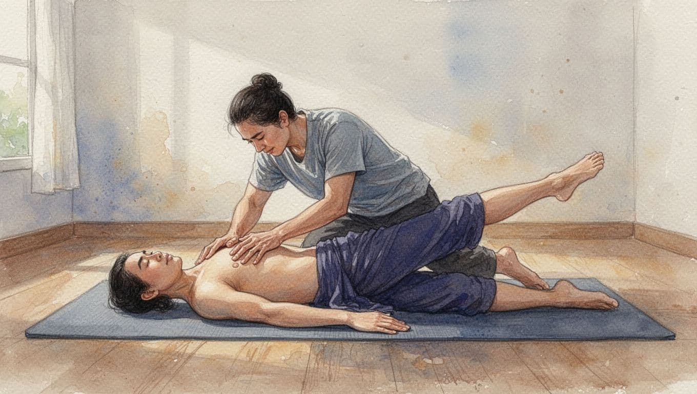 A therapist applies deep elbow pressure to a client's back while assisting a leg stretch on a floor mat in a serene room, captured in dynamic side view with watercolor style and soft natural lighting.