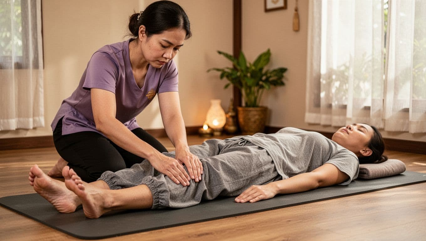 A Thai massage therapist kneels beside a relaxed client, starting the session with rhythmic thumb presses and compressions on the feet and lower legs. The client lies supine, fully clothed in loose pants and t-shirt on a padded mat in a serene spa room with soft natural lighting.