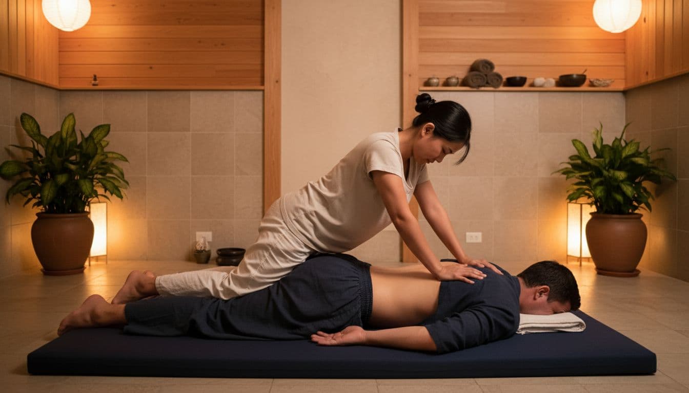 A Thai massage therapist uses forearms and elbows for steady compression on a fully clothed client's back, with the client lying prone on a padded floor mat in a tranquil spa room under soft warm lighting.