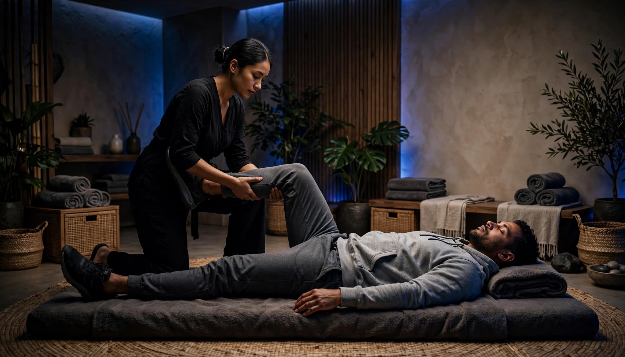 Thai Massage 3 Therapist guides a client's leg stretch on a padded mat.