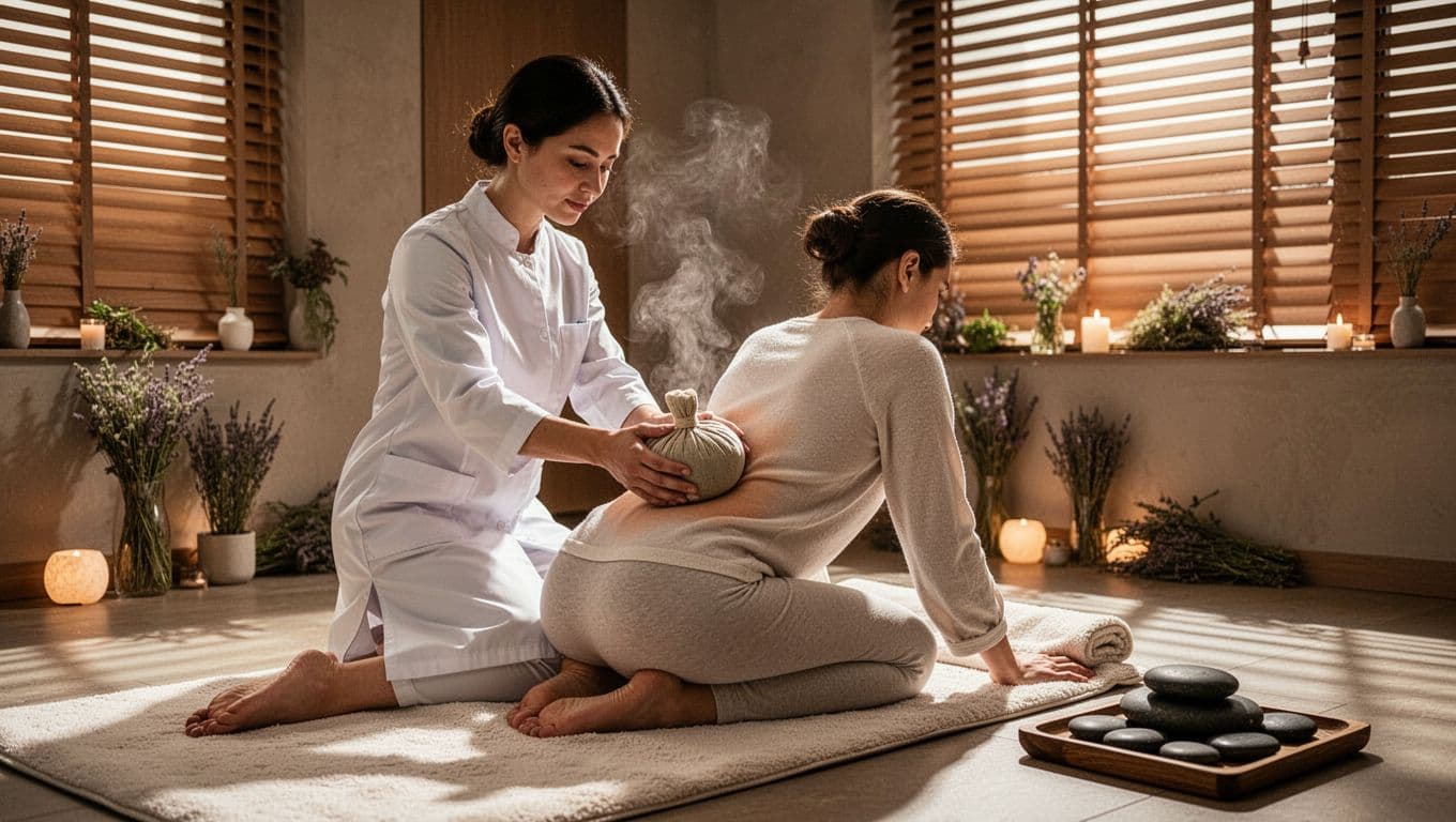 In a warm modern spa, a therapist gently applies a steaming herbal compress to a seated client's lower back, with hot stones nearby, showcasing therapeutic trends.