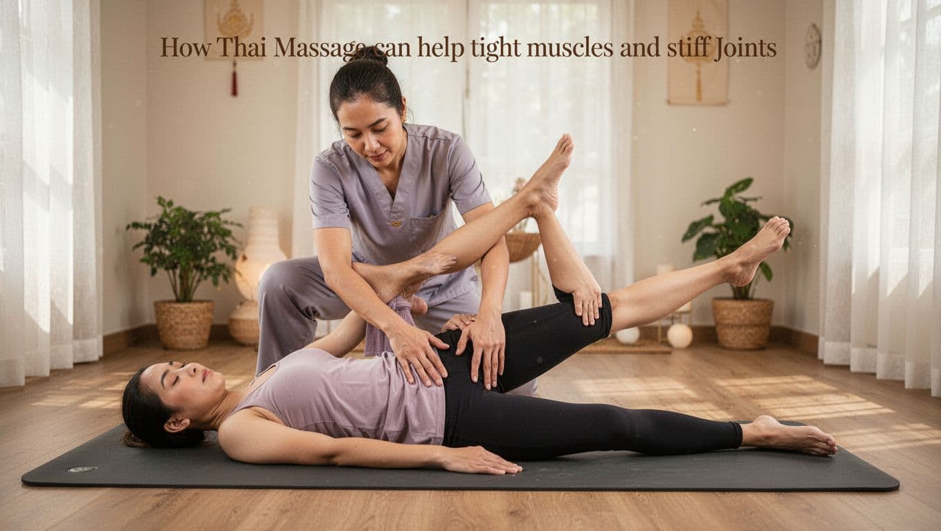 Fully clothed client on padded mat receives Thai massage assisted stretch for hips and legs by therapist using hands and body weight to open tight muscles and stiff joints in serene spa room with soft natural light and relaxed expression.