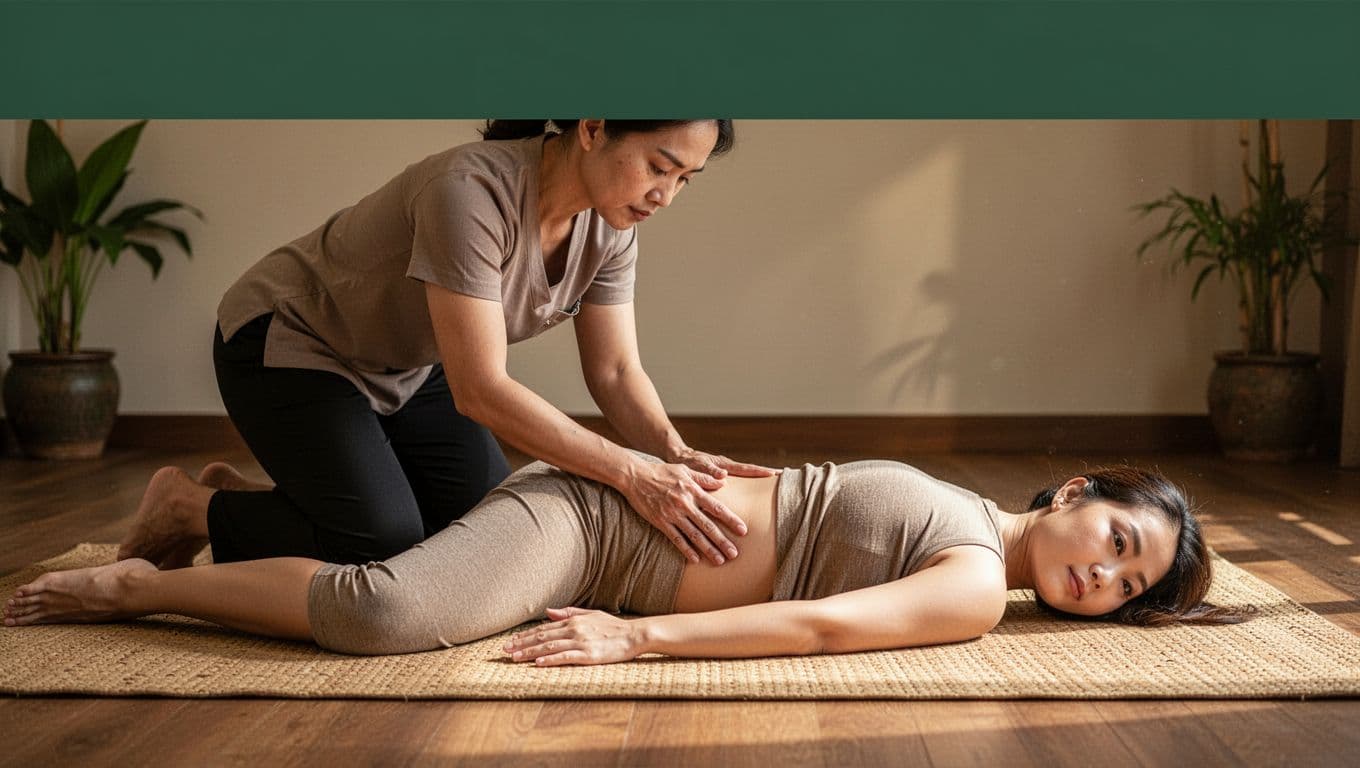 Thai massage therapist kneeling to apply knee compression on fully clothed client's lower back on a woven mat in a tranquil spa setting, with soft natural lighting and earthy tones.