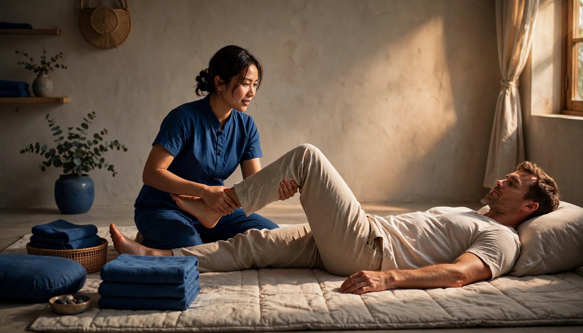 Thai Massage 9 A therapist gently guides a relaxed client through a leg stretch on a floor mat.