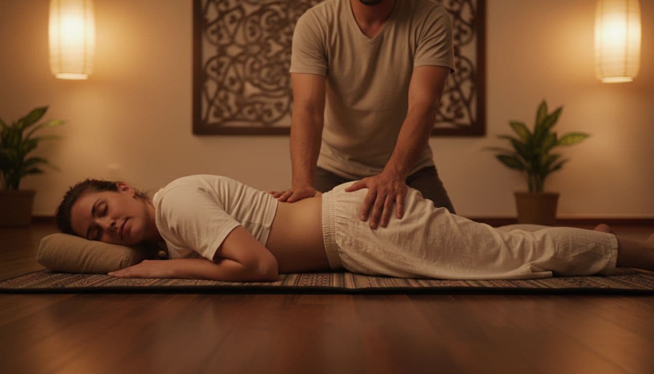 Therapist applying gentle compression and stretch to lower back and hips of fully clothed client in side-lying position on floor mat in serene spa with soft lighting.
