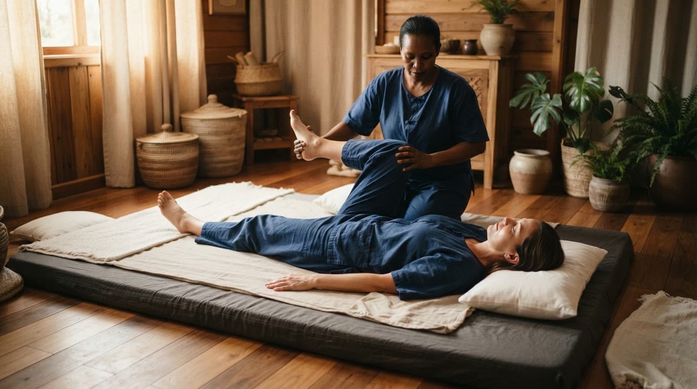 Clothed client receiving a gentle Thai massage stretch on a padded mat.