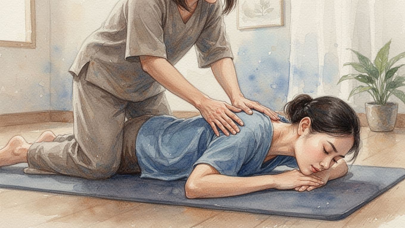 Therapist in loose clothing applies firm palm and thumb pressure to client's tense neck and upper back on a padded mat in a serene spa room, client lying face down relaxed, watercolor style with warm earth tones.
