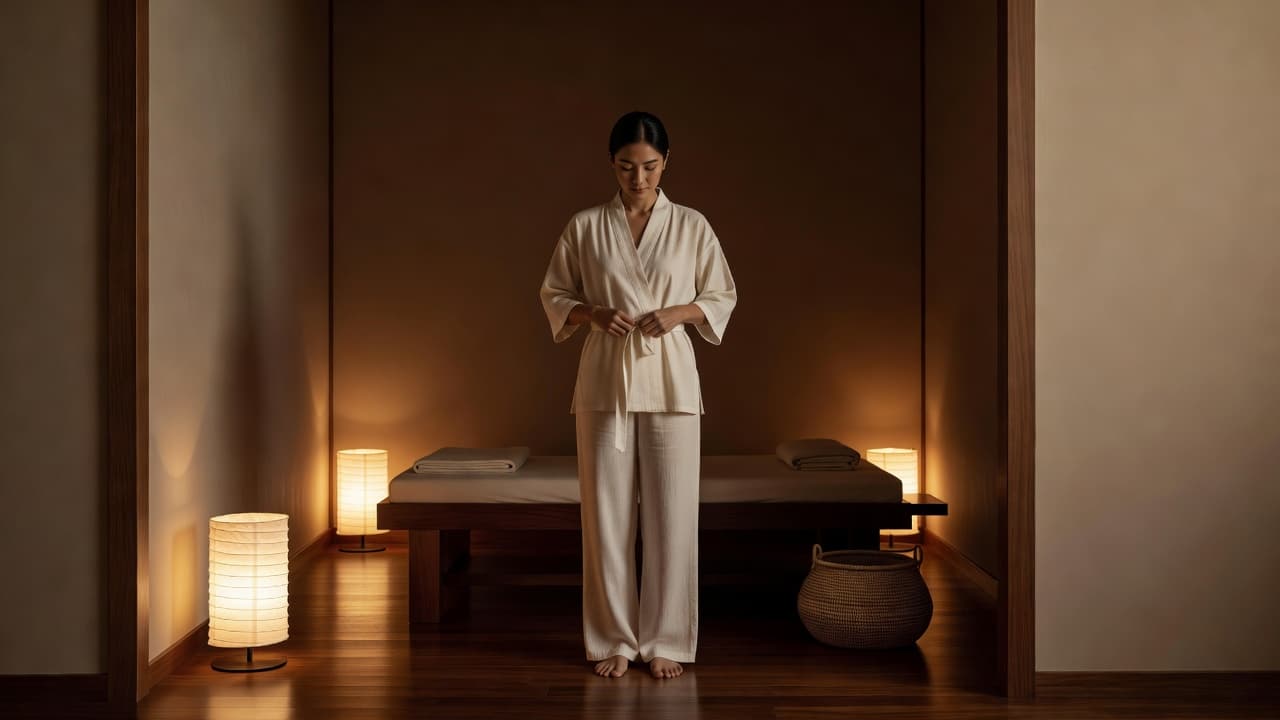 A person stands in a minimalist spa room wearing soft cotton clothes. Warm, gentle lighting illuminates the serene space as they prepare for a relaxing therapeutic bodywork session in tranquility.