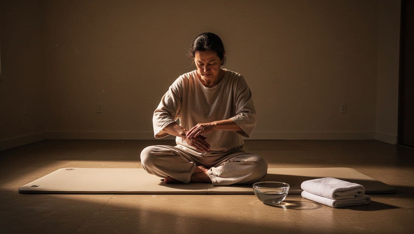 A person rests on a padded floor mat in a serene, dimly lit room. Beside them, a small wooden bowl of water and a white folded towel sit on the clean floor.