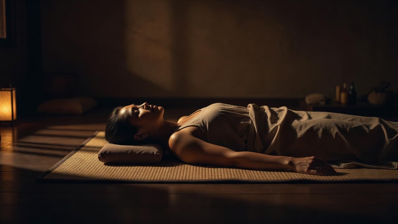 A person lies peacefully on a padded floor mat in a dim room after a massage session. Gentle light creates soft shadows across the floor while they enjoy a calm recovery.