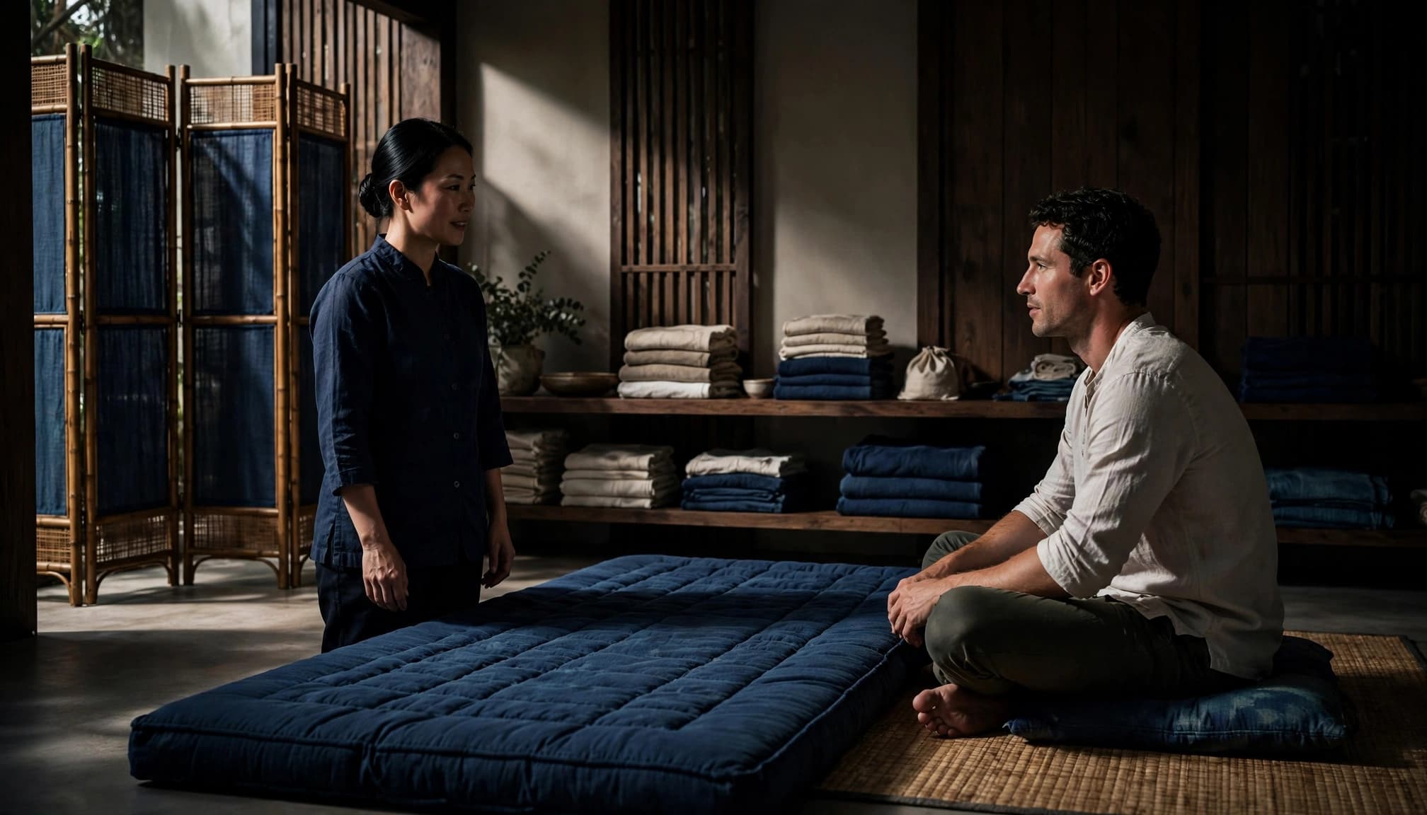 Thai Massage 5 Client seated beside a Thai massage mat while a therapist stands nearby in a wellness studio.