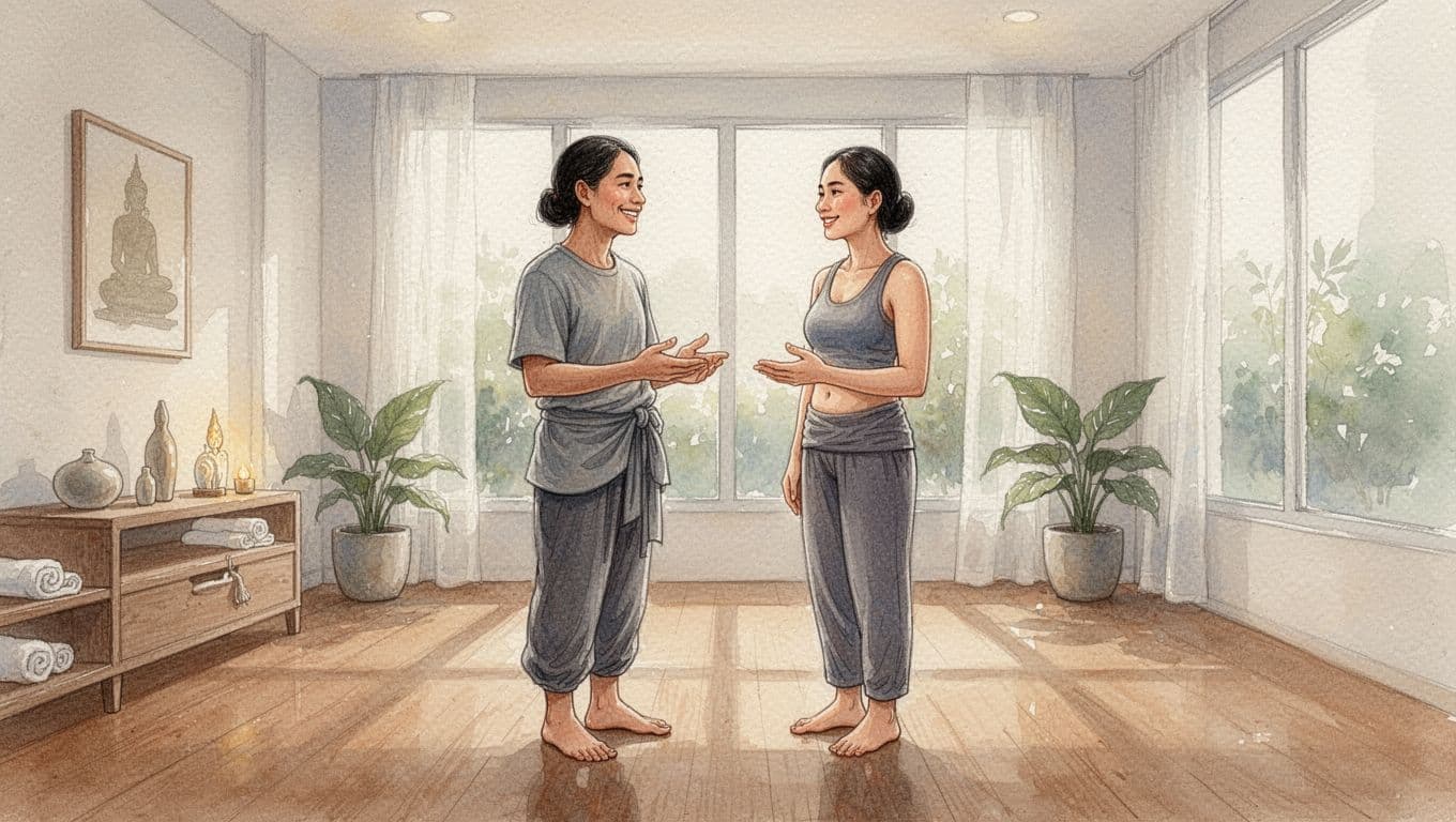 A smiling massage therapist dressed in comfortable linen attire converses with a client inside a bright minimalist spa room. Warm watercolor textures define the wooden flooring and the tranquil, soft-lit environment.