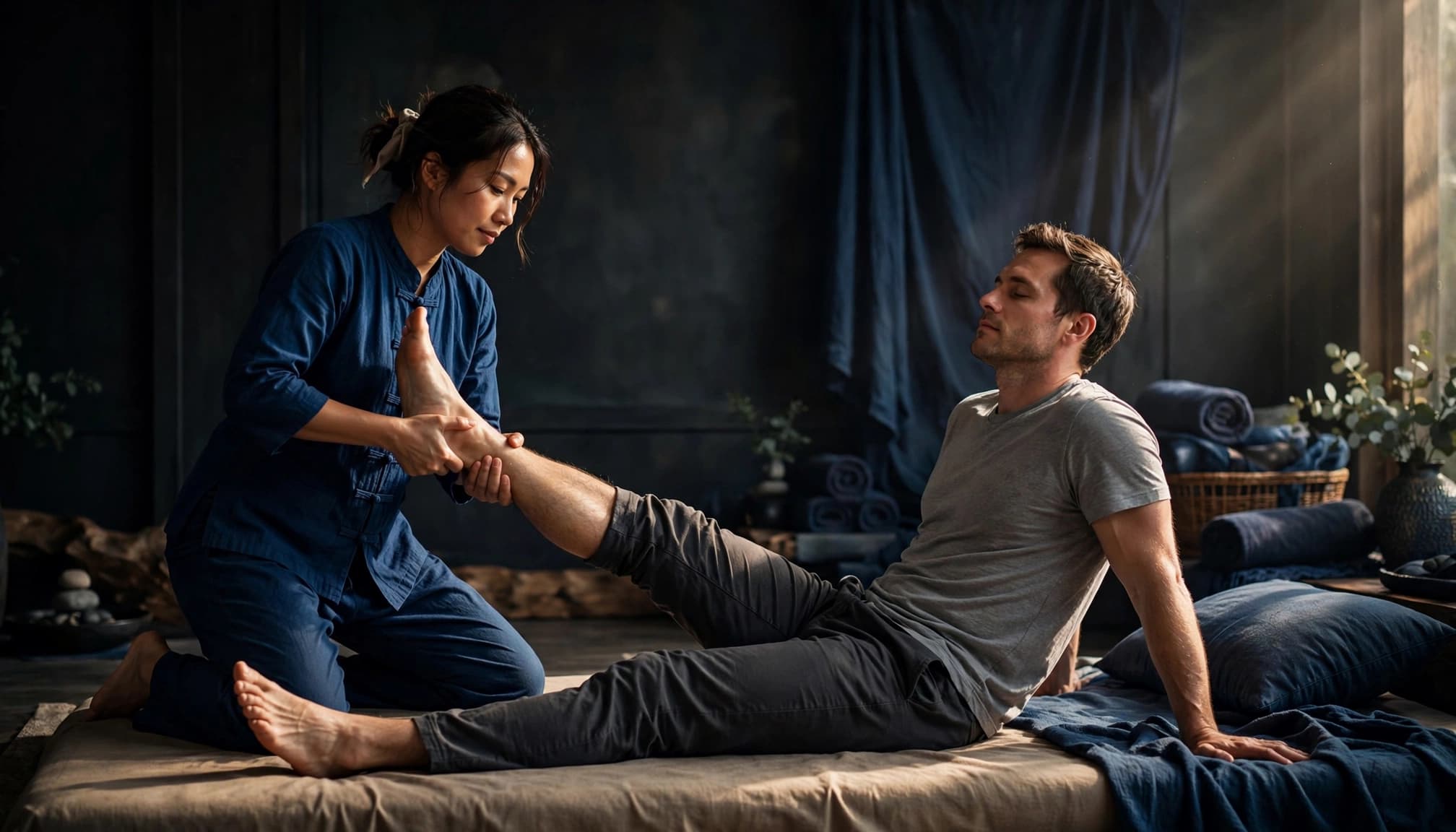 Thai Massage 6 A therapist gently stretches one seated client's leg on a padded mat.