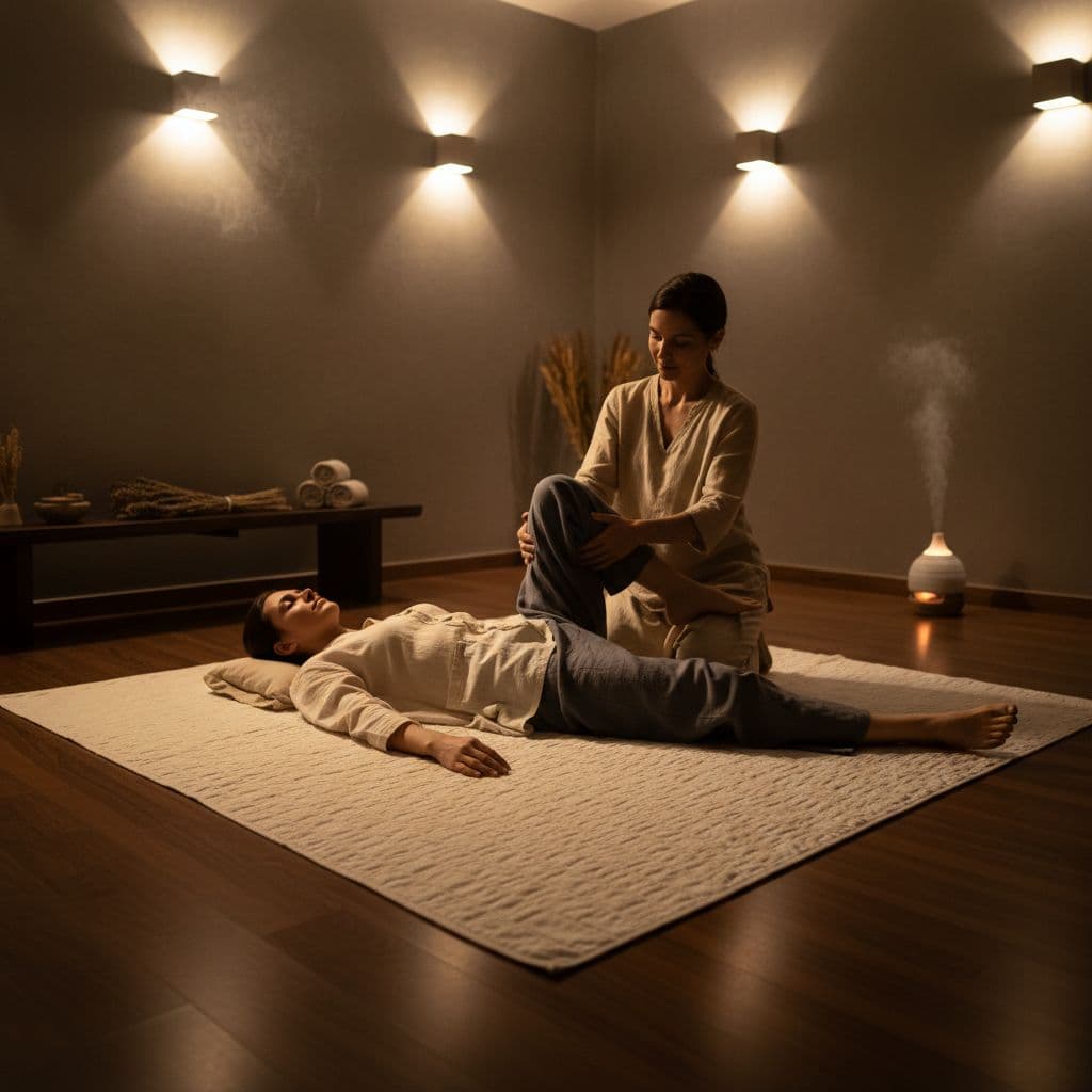 A therapist guides a client through a gentle stretch on a cushioned floor mat. Warm ambient light fills the dim room, highlighting their soft cotton clothing and the tranquil spa environment.